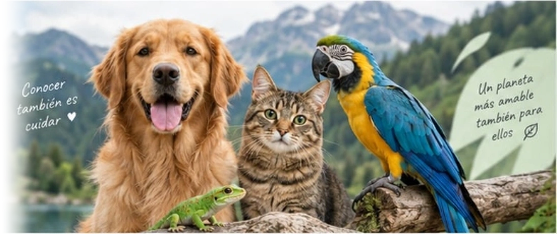 Composición panorámica integrada de BuscaDiario con perro golden retriever, gato atigrado, guacamaya y geco en paisaje natural